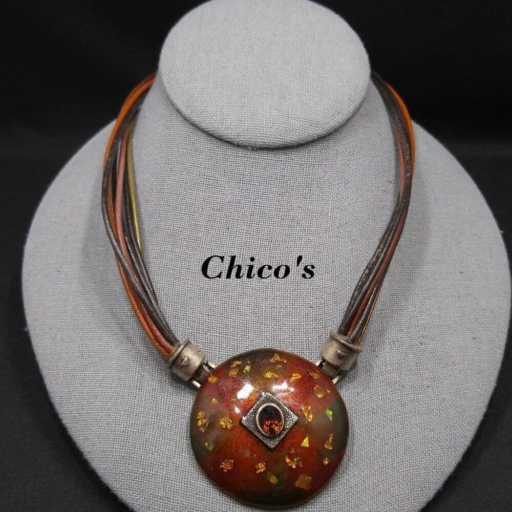 Chico's Vintage Rust Enamel Rhinestone Pendant Necklace, 7 Leather Cords, 21 In